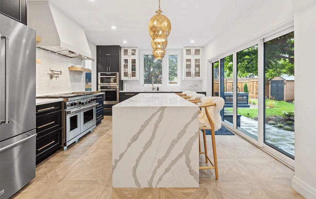 Marble Waterfall Island with Integrated Stove